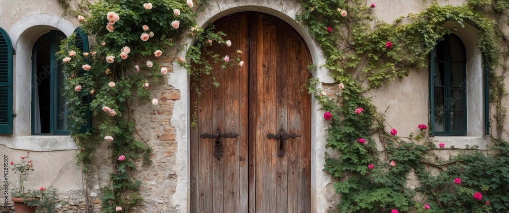 A quaint wooden door adorned with blooming roses, exuding rustic charm and inviting serenity in a garden setting. A quaint wooden door adorned with blooming roses, exuding rustic charm and inviting serenity in a garden setting.