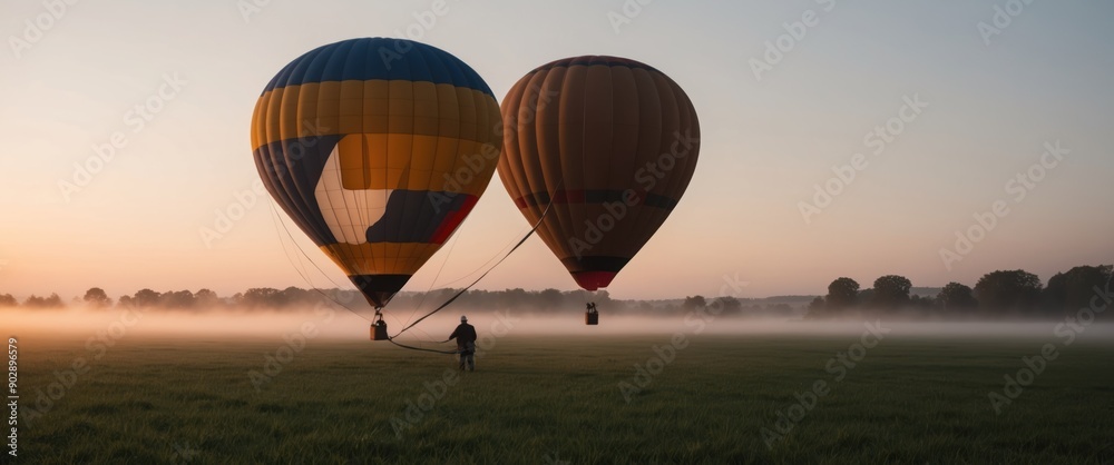 Obraz premium Two vibrant hot air balloons ascend in a misty field at sunrise, exuding adventure and tranquility perfect for travel and outdoor events.