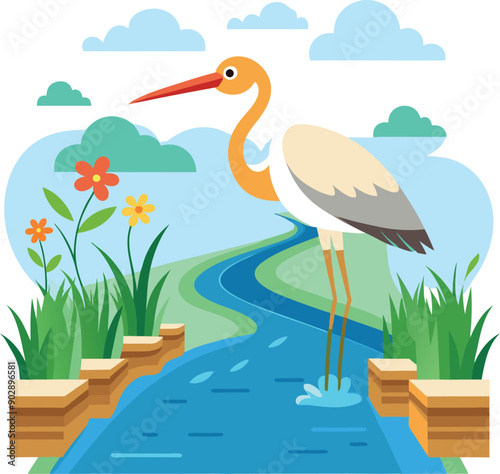 a stork is hunting small fish in a water canal 