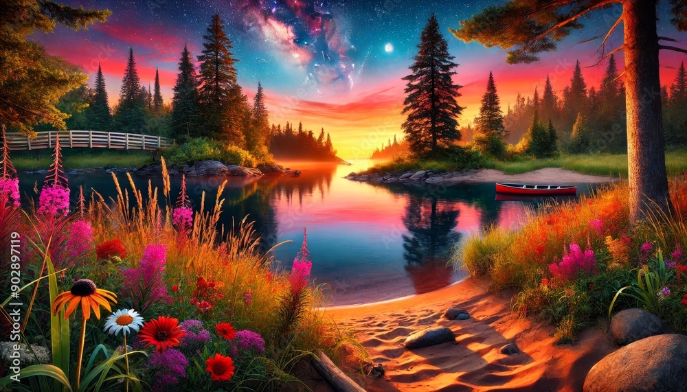 3d illustration of colorful sunset over lake with flowers and trees 3d illustration of colorful sunset over lake with flowers and trees