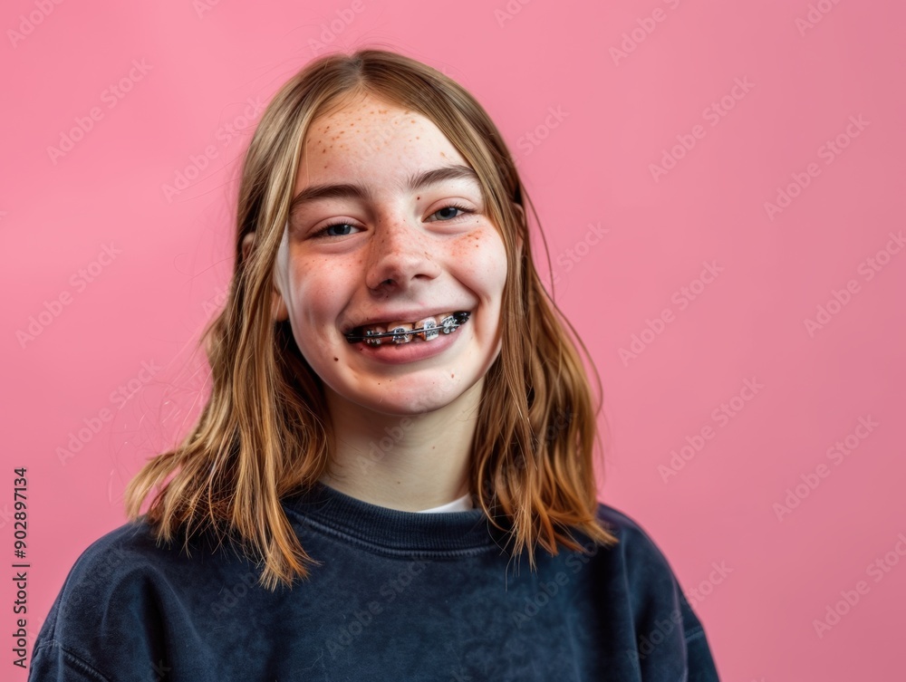 Fototapeta premium Young girl wearing braces smiling on isolated colored background