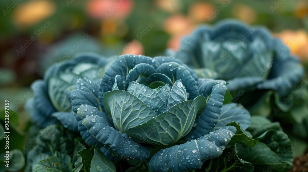 Fototapeta premium Fresh cabbage heads with lush green leaves growing in rich soil