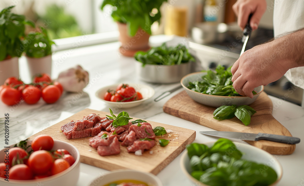 Person preparing a fresh meal with vegetables and meat in a kitchen. Person preparing a fresh meal with vegetables and meat in a kitchen.