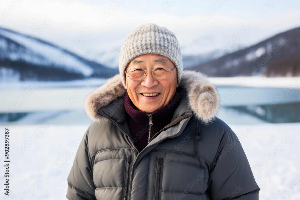 Portrait of a grinning asian elderly man in his 90s sporting a quilted insulated jacket over backdrop of a frozen winter lake Portrait of a grinning asian elderly man in his 90s sporting a quilted insulated jacket over backdrop of a frozen winter lake