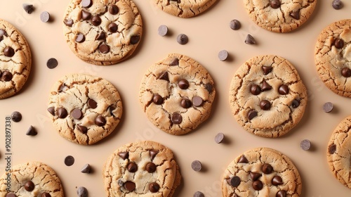 Fresh Homemade Chocolate Chip Cookies on Beige Background Delicious Baked Treats photo