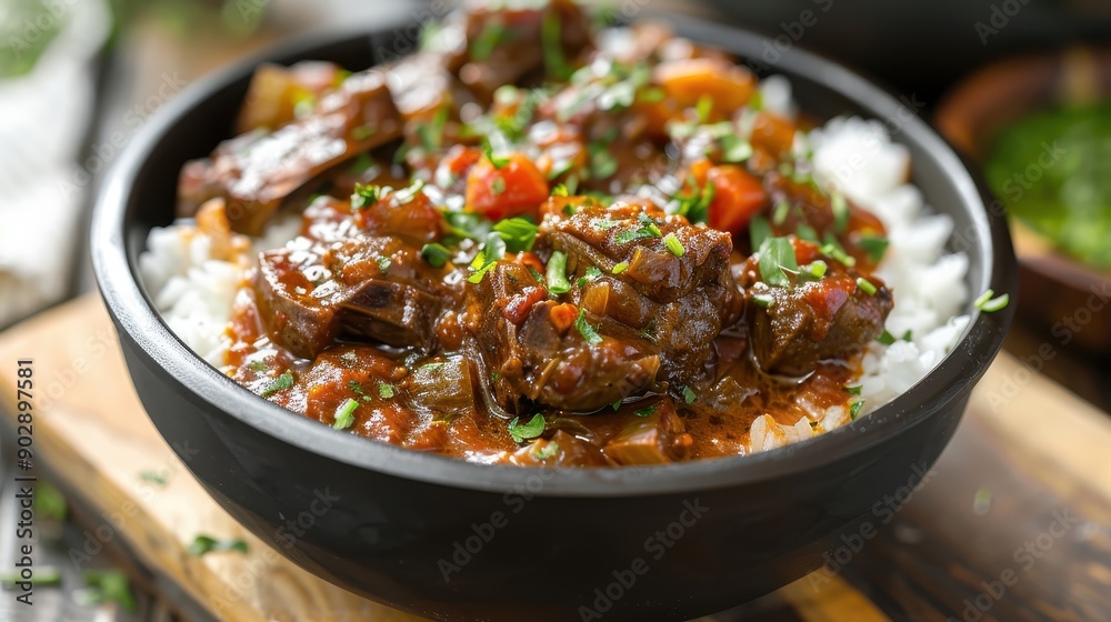 A bowl of meat and vegetables with a lot of onions and garlic. The bowl is full and the food looks delicious A bowl of meat and vegetables with a lot of onions and garlic. The bowl is full and the food looks delicious