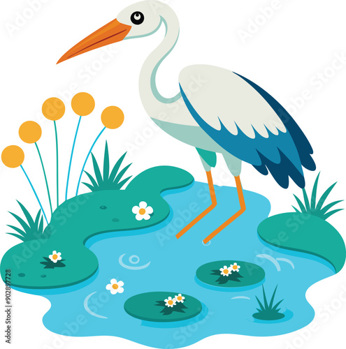 a stork is hunting small fish in a water canal 