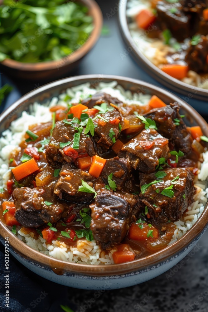 A bowl of meat and vegetables with a lot of onions and garlic. The bowl is full and the food looks delicious A bowl of meat and vegetables with a lot of onions and garlic. The bowl is full and the food looks delicious