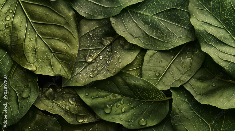 Fototapeta premium Close-up of green leaves with water droplets.
