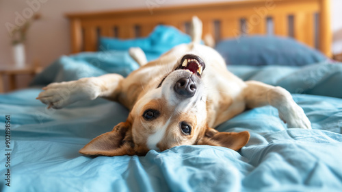 Wallpaper Mural Happy dog lying on a bed with blue sheets, paws in the air. Torontodigital.ca