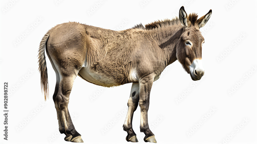 A high-resolution image of a donkey standing against a white background, showcasing its detailed fur and features.