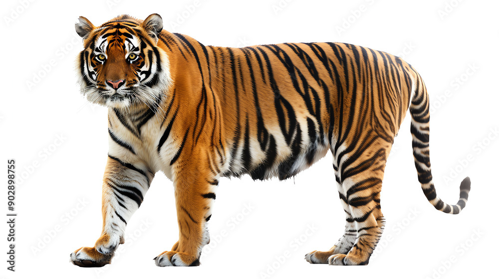 Naklejka premium A majestic Bengal tiger standing against a white background, showcasing its striking orange coat with black stripes.