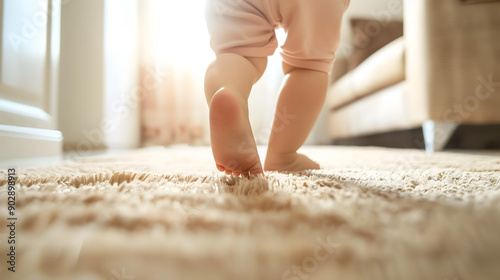 Close up of a baby's feet walking at home with sunset light, child learning to walk