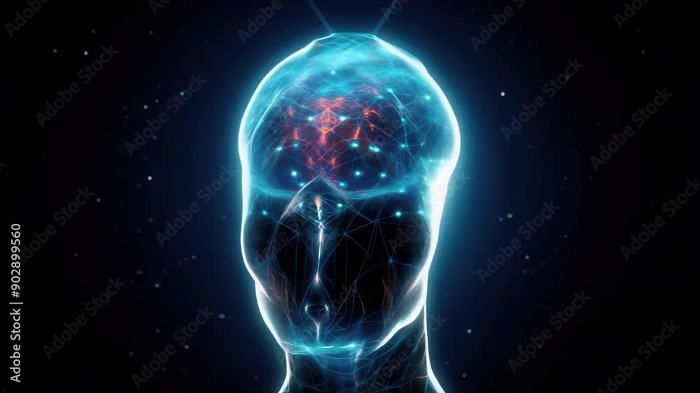 Abstract representation of an AI humanoid wireframed head. Loopable rotation reveals its ambiguous nature, triggering a possible uncanny valley effect Abstract representation of an AI humanoid wireframed head. Loopable rotation reveals its ambiguous nature, triggering a possible uncanny valley effect