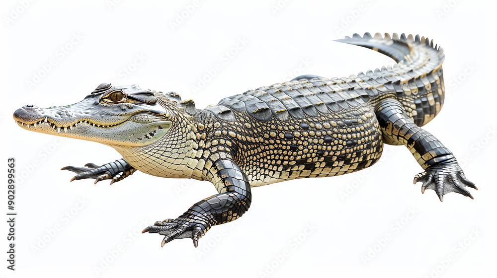 Naklejka premium Close-up of a crocodile isolated on white background, showcasing detailed texture and scales of the reptile.