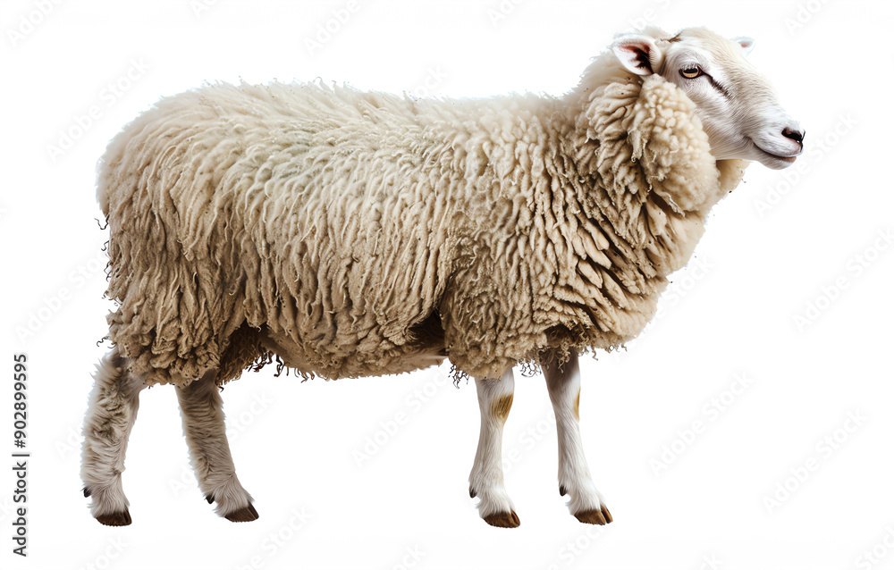A standing sheep with thick, fluffy wool, isolated on a white background, ideal for agricultural and animal-related visuals. A standing sheep with thick, fluffy wool, isolated on a white background, ideal for agricultural and animal-related visuals.