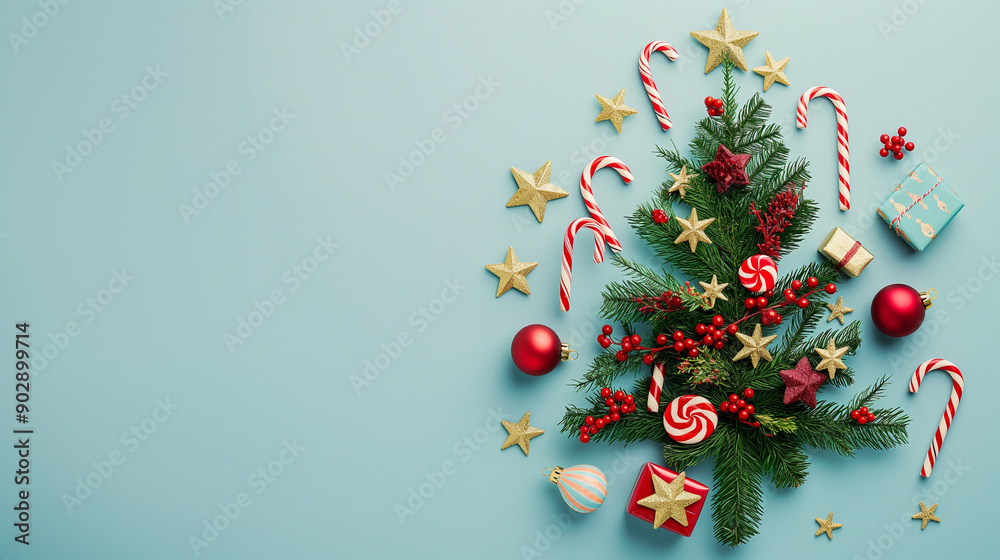 Creative flat lay of Christmas tree shape made of decorations on a blue background.
Creative flat lay of Christmas tree shape made of decorations on a blue background.