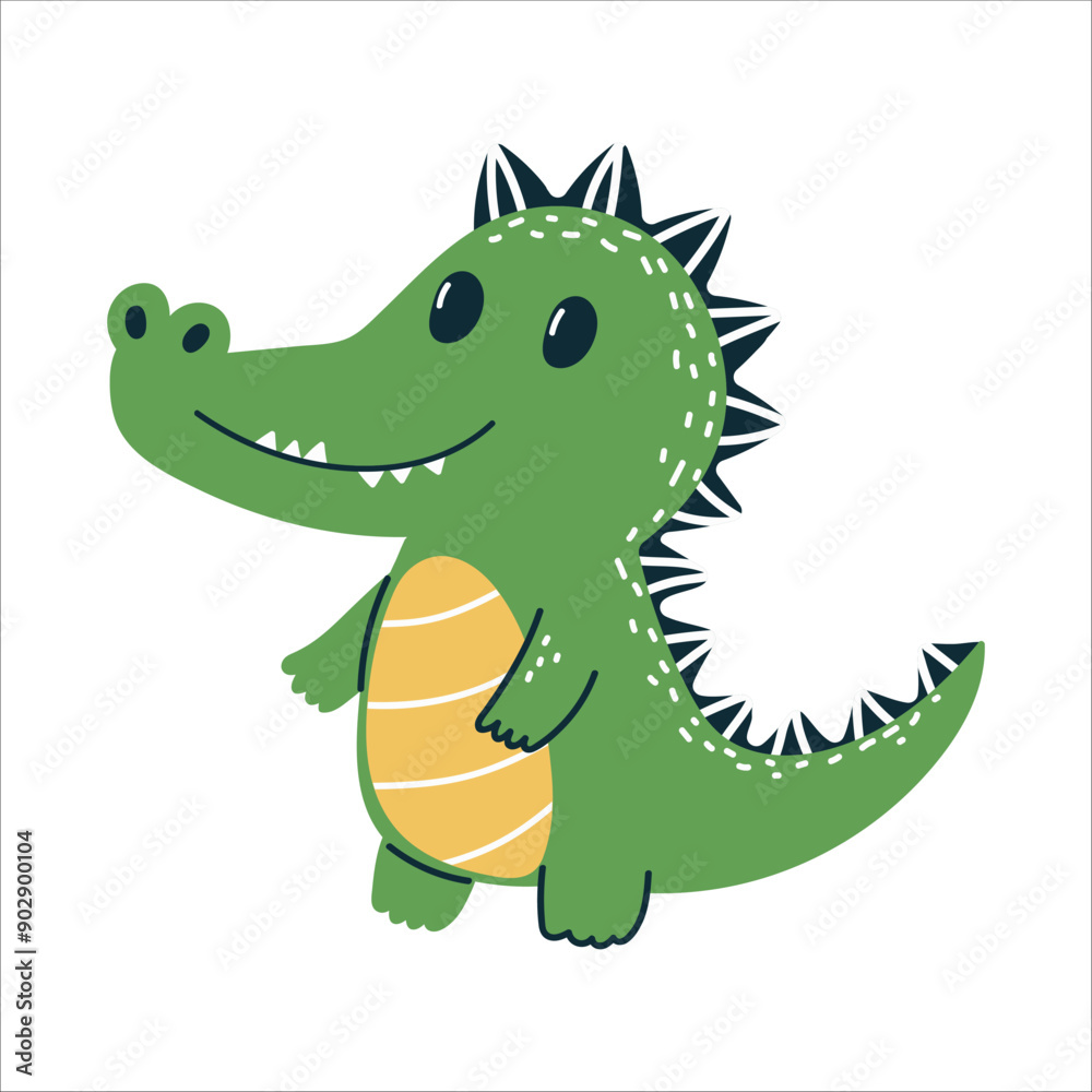 Obraz premium Cartoon Green Crocodile Illustration With Spiky Back and Yellow Belly