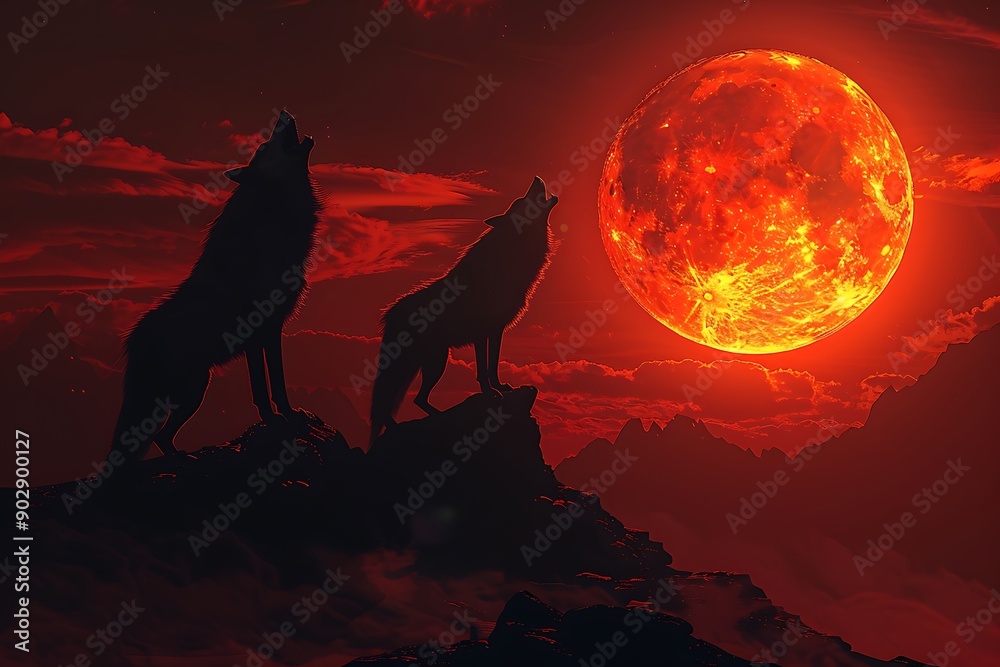 Two Wolves Howling at a Blood Red Moon. Two Wolves Howling at a Blood Red Moon.