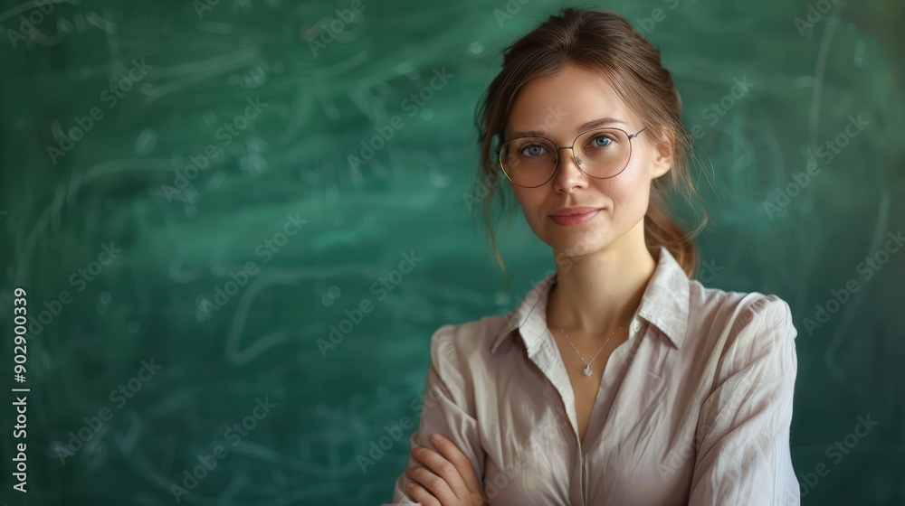 A portrait of a beautiful young female school teacher standing in the classroom on green chalkboard background A portrait of a beautiful young female school teacher standing in the classroom on green chalkboard background