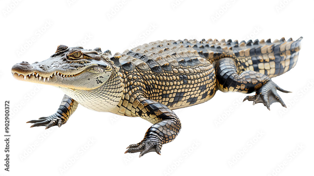 Naklejka premium Close-up image of a crocodile isolated on a white background, showcasing its detailed skin texture and natural habitat features.
