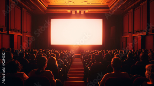 Audience watching a movie in a packed cinema.