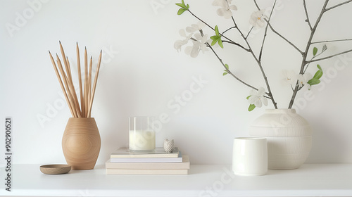 Minimalist home decor with vases and greenery on a white surface.