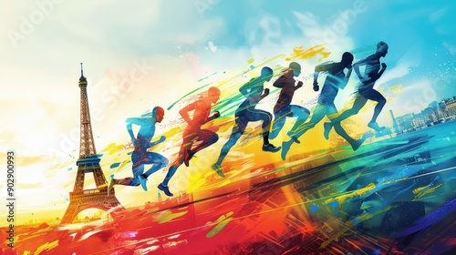 A sports illustration depicting running athletes against the background of the Eiffel Tower in Paris, a bright colorful poster for the upcoming International Olympic Sports Games photo