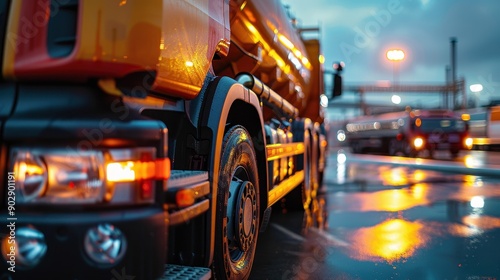 A yellow semi truck is parked in a parking lot. The truck is surrounded by other vehicles, including a red truck and a white truck. The scene is illuminated by street lights, creating a warm