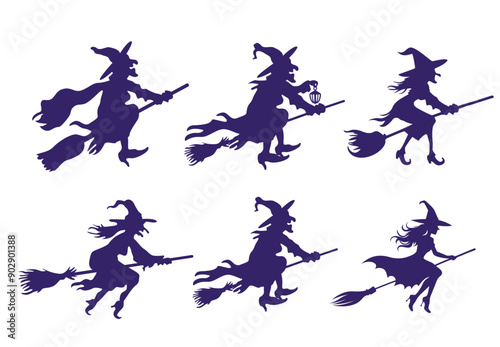 Witch couple rides a broomstick, halloween witch silhouette, Vector Illustration