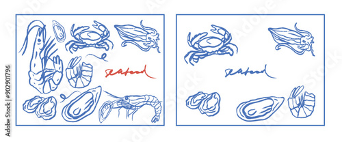 Isolated vector set of hand drawn seafood. Shrimps, langoustines, prawns, salmon, trout, oysters, mussels, squid, crab, lemon, octopus, rosemary, sea urchin. Сhalk drawing. Chalkboard.