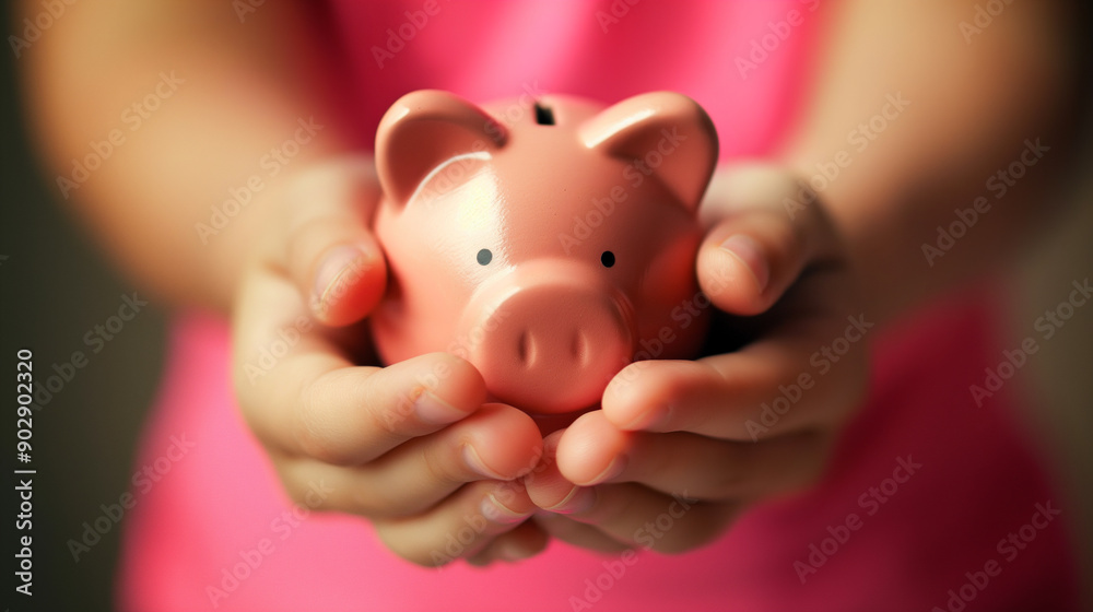A person holding a pink piggy bank with both hands. A person holding a pink piggy bank with both hands.