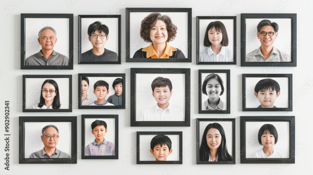 Asian family portraits pictures in collection of black thin frames. Isolated over white transparent background Asian family portraits pictures in collection of black thin frames. Isolated over white transparent background