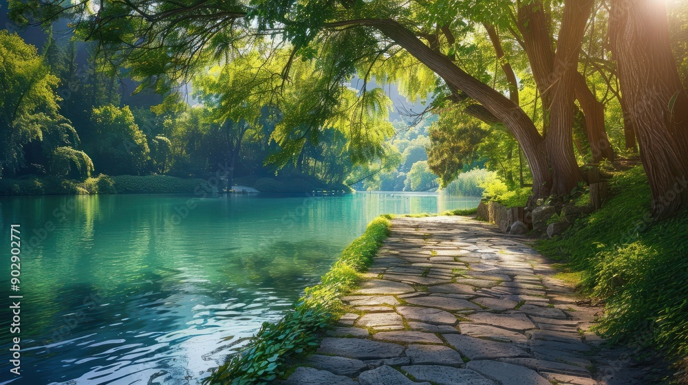 Obraz premium Beautiful colorful summer spring natural landscape with a lake in Park surrounded by green foliage of trees in sunlight and stone path in foreground