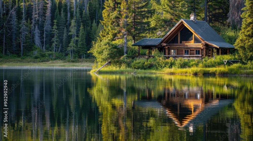 Fototapeta premium Idyllic log cabin nestled beside a serene lake, surrounded by lush forest reflecting in the water.