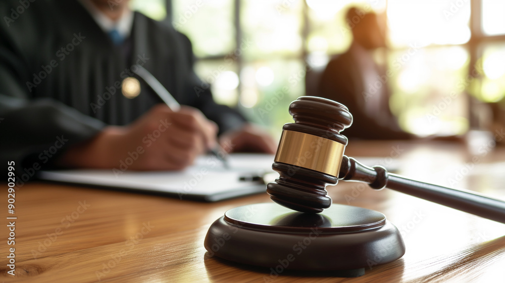 A gavel on a desk in a courtroom with blurred figures in the background. A gavel on a desk in a courtroom with blurred figures in the background.