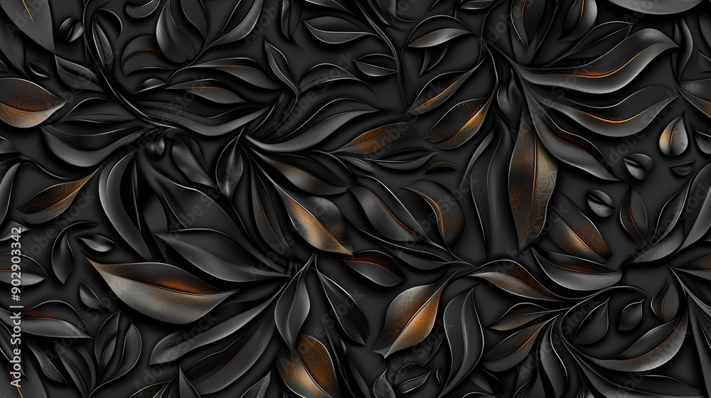 A sophisticated floral pattern in gold tones over a rich black background, ideal for textiles, wallpapers, and elegant decor projects SEAMLESS PATTERN A sophisticated floral pattern in gold tones over a rich black background, ideal for textiles, wallpapers, and elegant decor projects SEAMLESS PATTERN