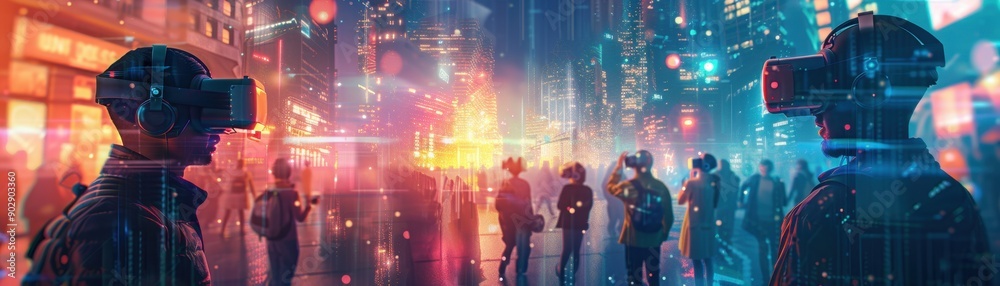 Obraz premium A woman is wearing a virtual reality headset and looking at a cityscape. The image has a futuristic and technological vibe, with the woman's virtual reality headset and the cityscape in the background