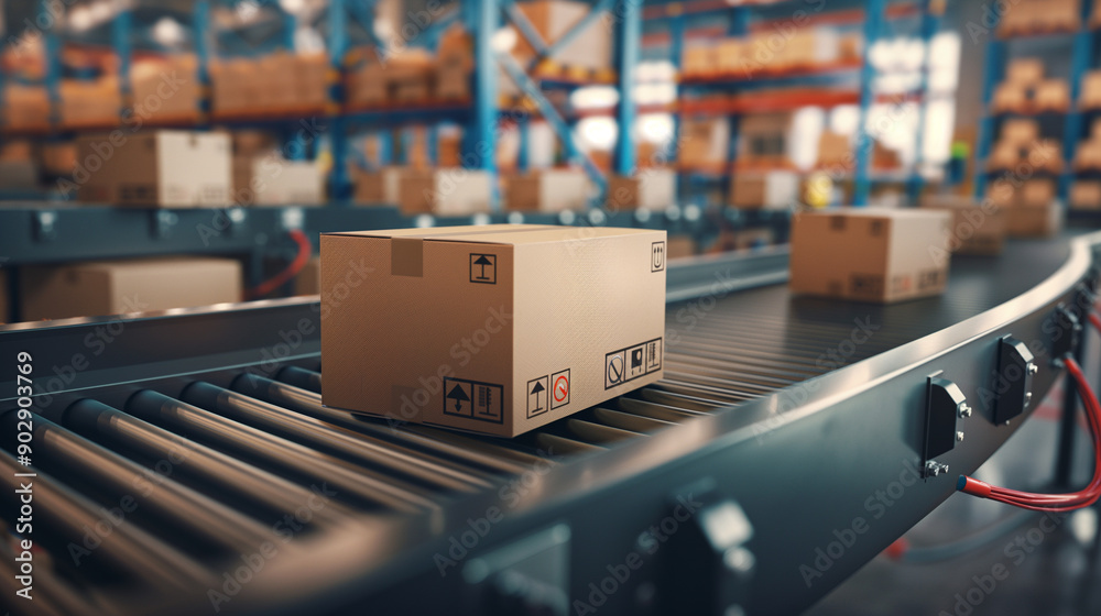 Packages moving on a conveyor belt in a warehouse. Packages moving on a conveyor belt in a warehouse.