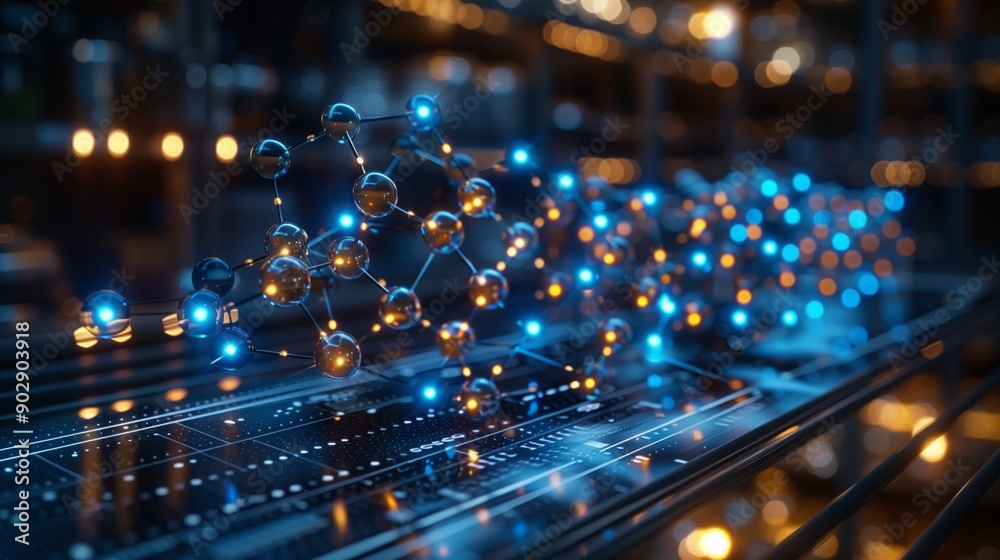 Obraz premium A low angle shot of a molecular structure, lit with blue and yellow lights, moves forward over a dark blue, metallic surface.