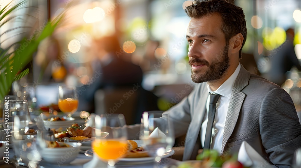 Businessperson Engaged in Lively Networking Breakfast Conversation in Professional Setting Businessperson Engaged in Lively Networking Breakfast Conversation in Professional Setting