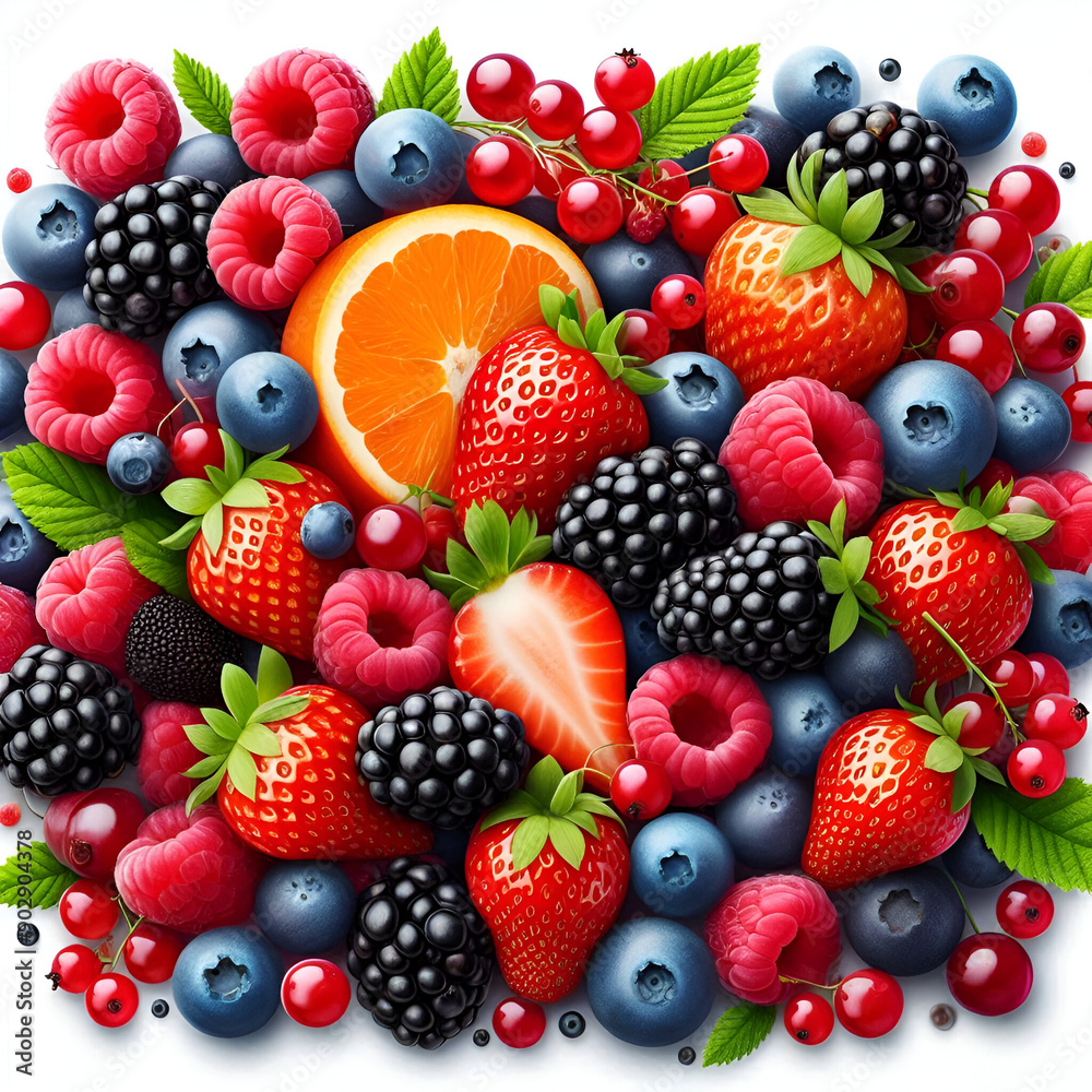 Fototapeta premium Vibrant collection of ripe fruits, with strawberries, blackberries, raspberries, cherries, oranges and blueberries isolated on white background