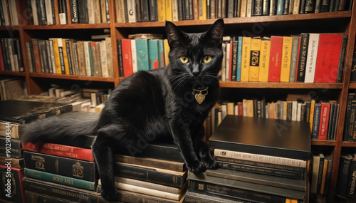 Black cat with books on the shelf created with Generative AI technology