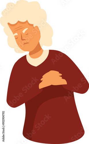 Senior woman clutching her chest, experiencing a heart attack or angina