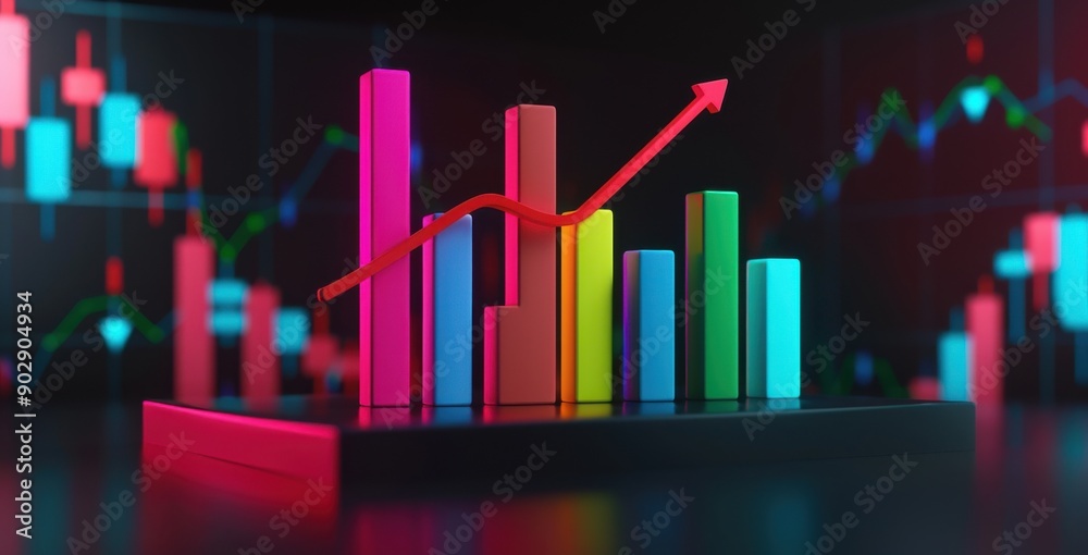 3D rendering of a financial graph and arrow up with a colorful bar chart on a podium platform in a dark background for business, stock market. 3D rendering of a financial graph and arrow up with a colorful bar chart on a podium platform in a dark background for business, stock market.