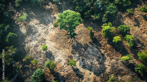 A forest with a tree in the middle and smoke in the background. Scene is somber and ominous