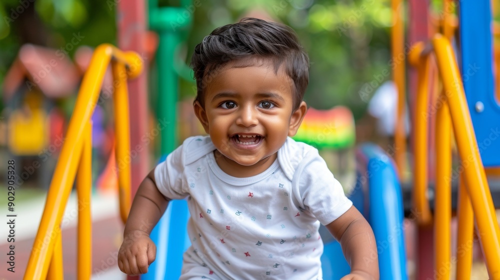 Happy Toddler Playing at Colorful Playground Happy Toddler Playing at Colorful Playground