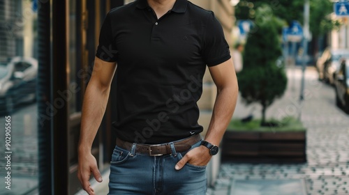 Black polo shirt with men's casual business wear full body