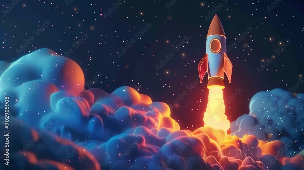 A rocket launches into the starry sky, symbolizing space exploration. This vector illustration features a 3D design of a rocket in a cartoonish minimal style, perfect for space missions or tourism. A rocket launches into the starry sky, symbolizing space exploration. This vector illustration features a 3D design of a rocket in a cartoonish minimal style, perfect for space missions or tourism.