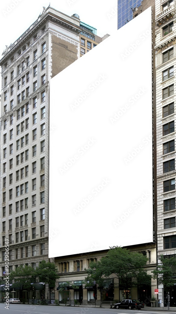 Tall skyscrapers gleam in sunlight beside an empty billboard in a bustling urban area Tall skyscrapers gleam in sunlight beside an empty billboard in a bustling urban area
